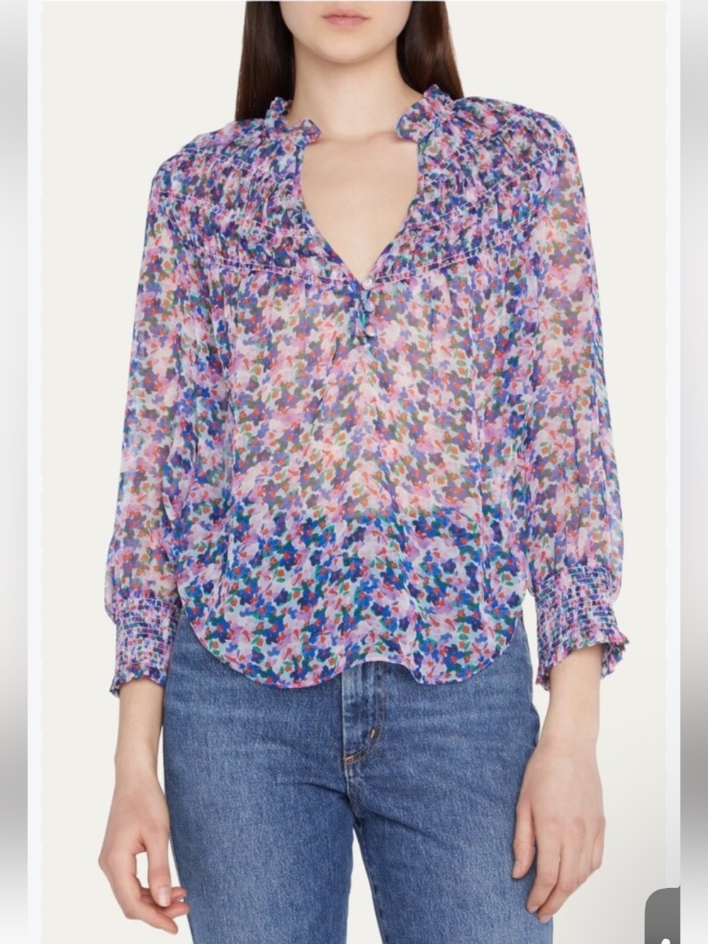 Veronica Beard Martie 100% Silk Colorful Floral Long Sleeve Sheer Blouse Size 8